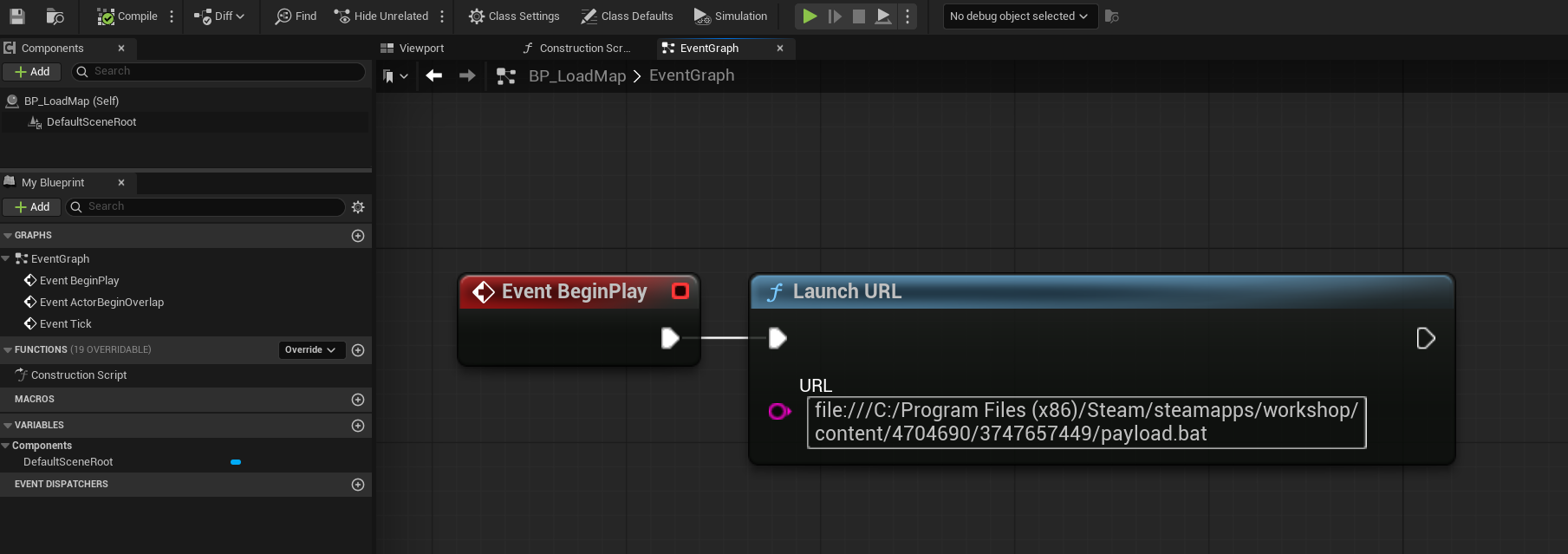 Blueprint event graph with LaunchURL pointing to payload.bat and the file:// scheme