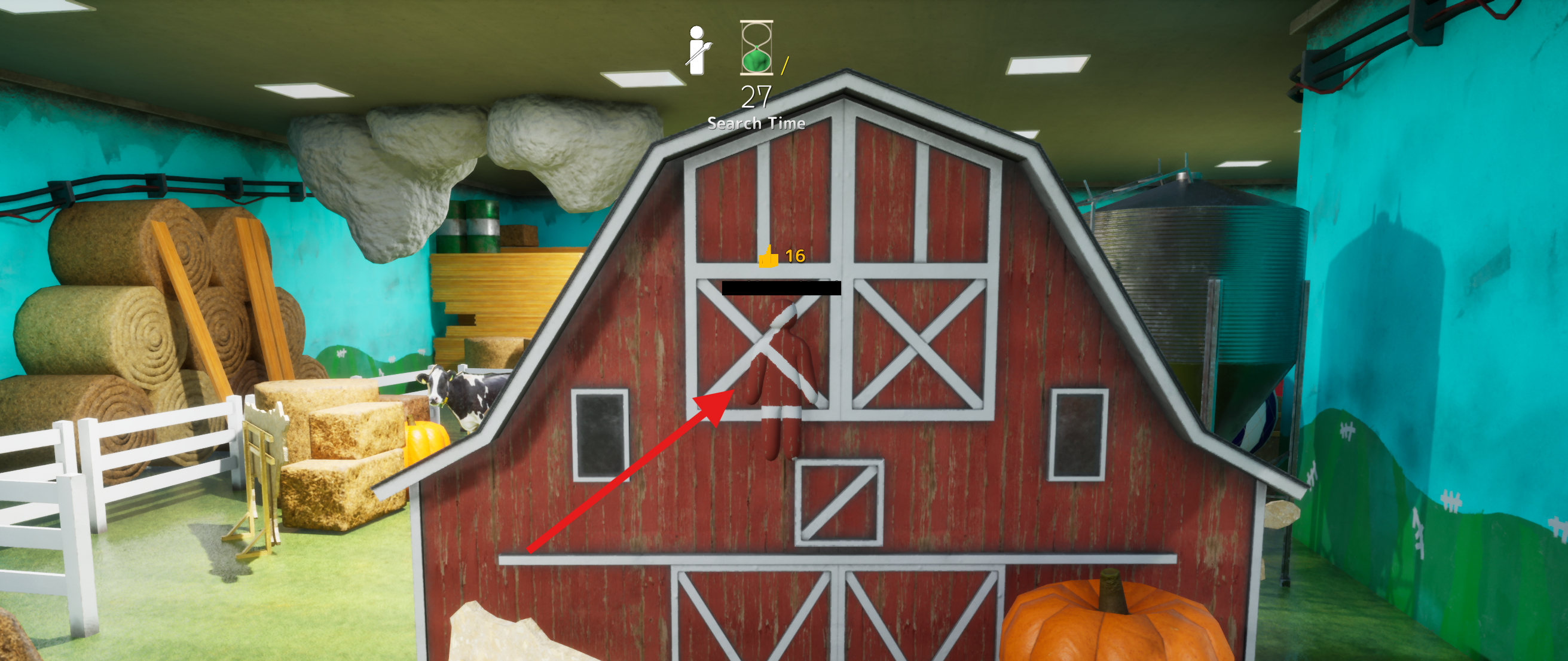 Farm map in Meccha Chameleon with an arrow pointing to a camouflaged player on the barn