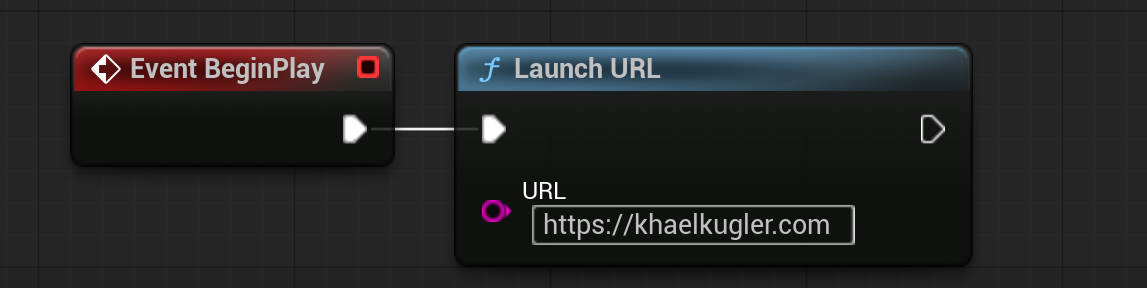 UE5 Blueprint with BeginPlay event connected to a LaunchURL node opening a website