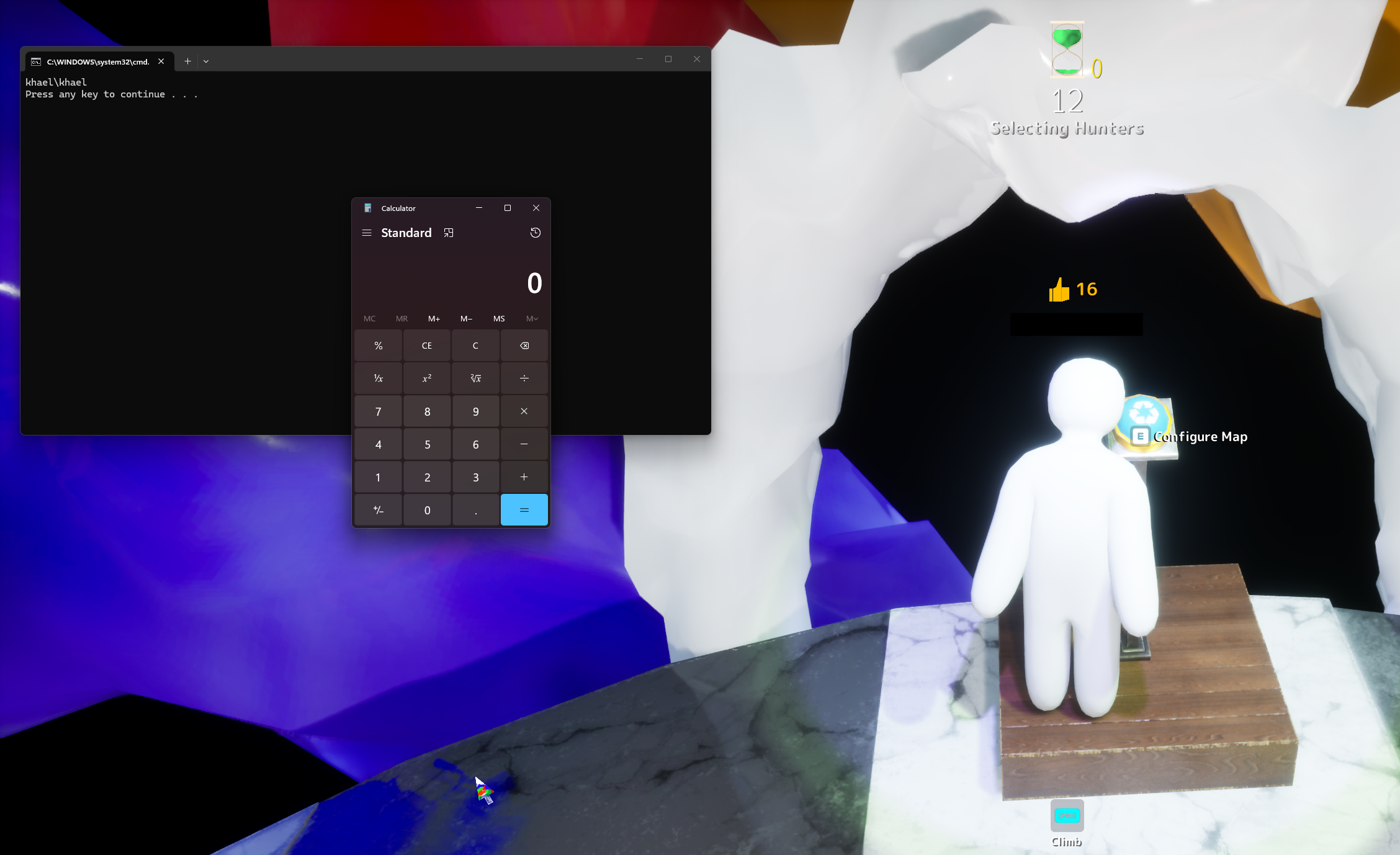Meccha Chameleon gameplay with a command prompt and calculator spawned by the exploit