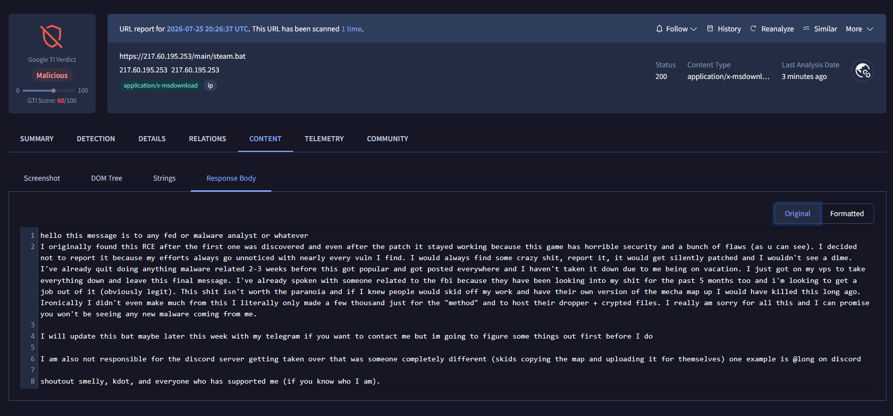 A message from the malware author