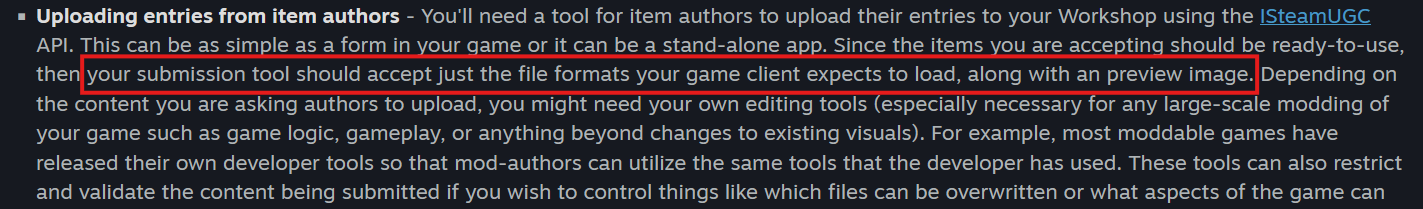 Steam documentation highlighting that developers should restrict uploaded file formats